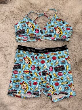 Sally Honey Pop Art Bralette & Boxer Set - Bright Blue Comic Print